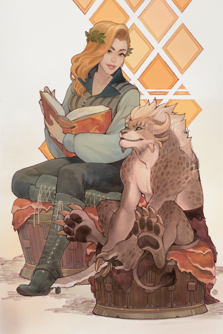 A blonde woman reads to a juvenile charr from a large tome.
